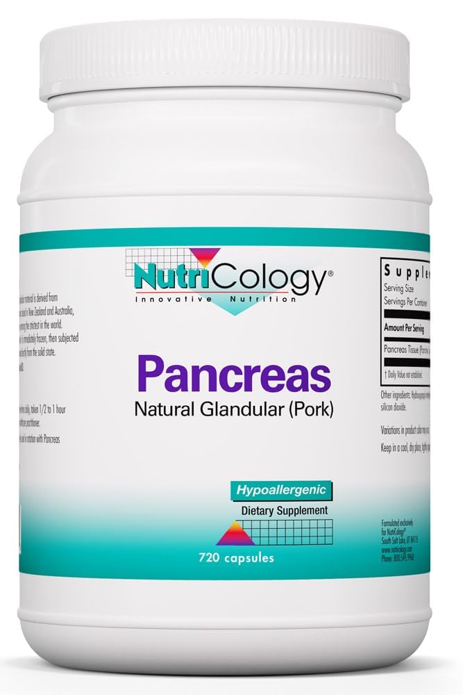 Nutricology Pancreas supplement bottle shown for digestive support.
