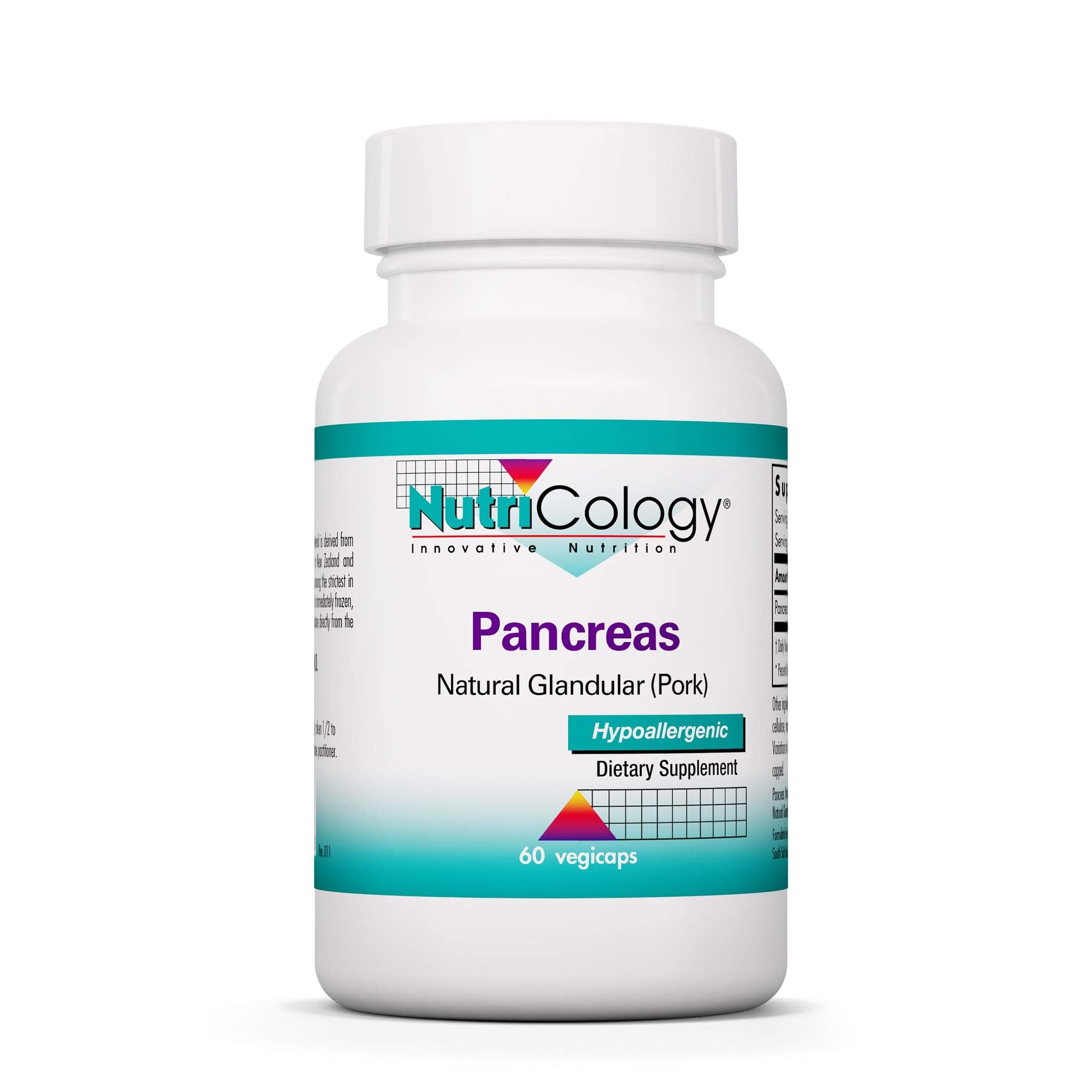 Nutricology Pancreas Pork capsule bottle on shelf indicating digestive enzyme support