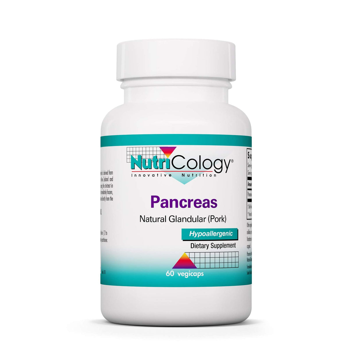 Nutricology Pancreas Pork capsule bottle on shelf indicating digestive enzyme support