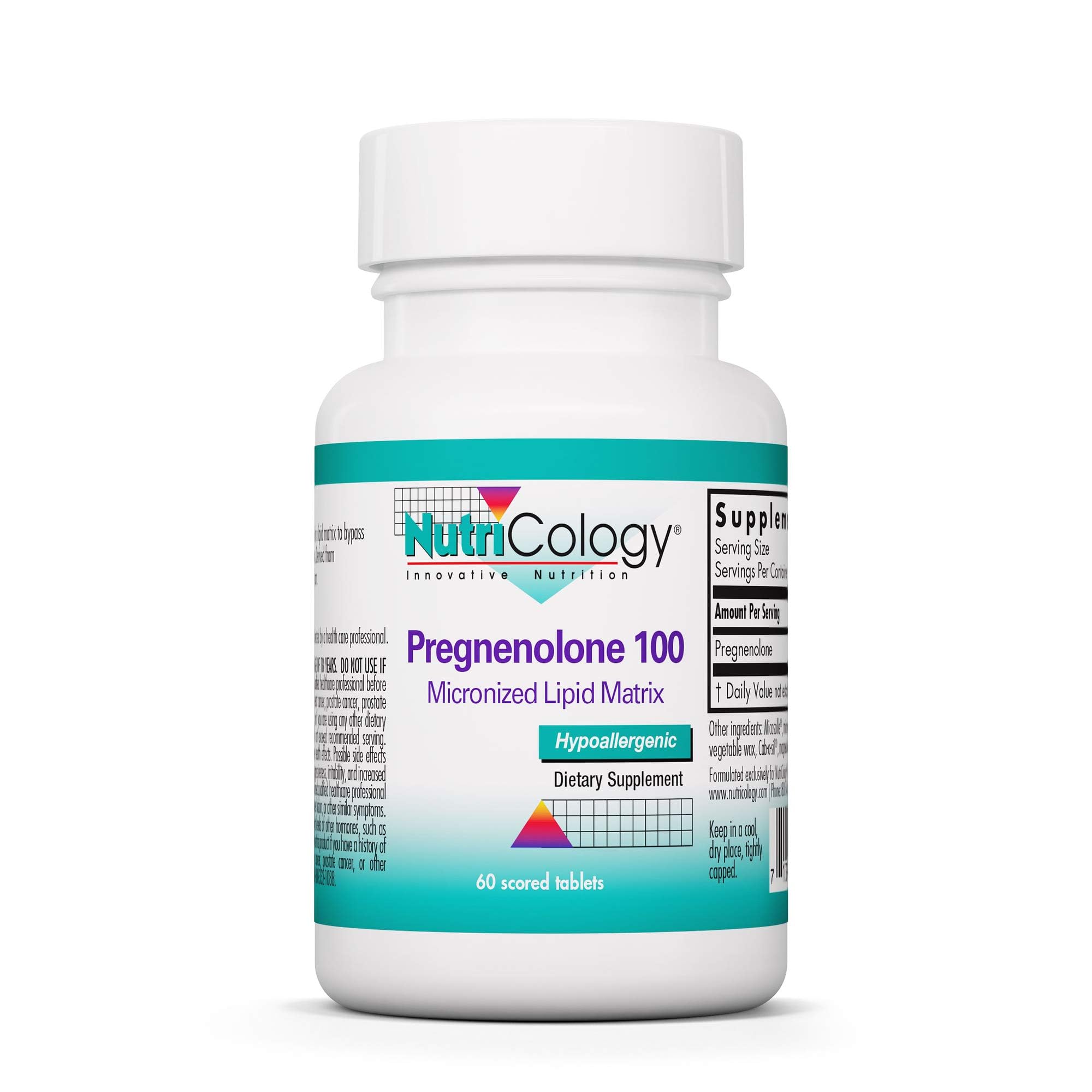 Nutricology Pregnenolone bottle front view with 60 tablets for daily use.