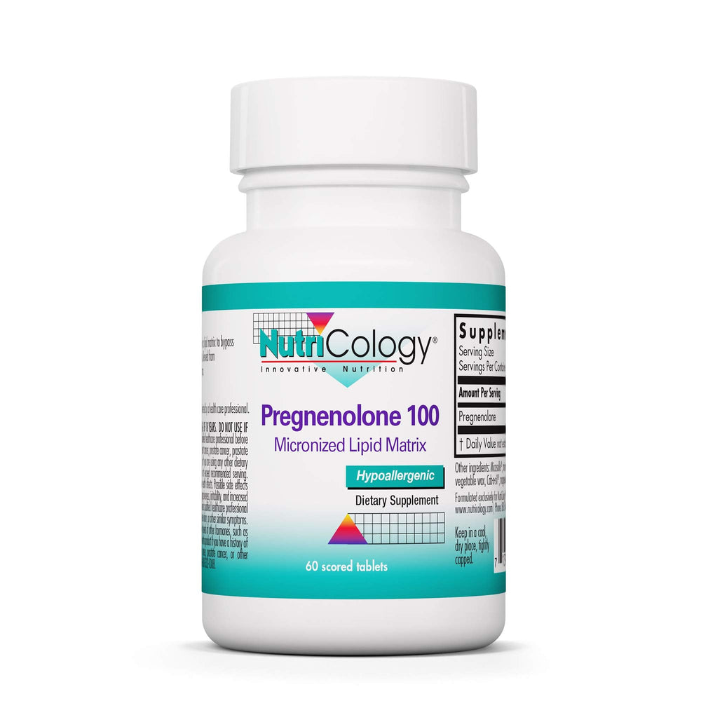 Nutricology Pregnenolone bottle front view with 60 tablets for daily use.