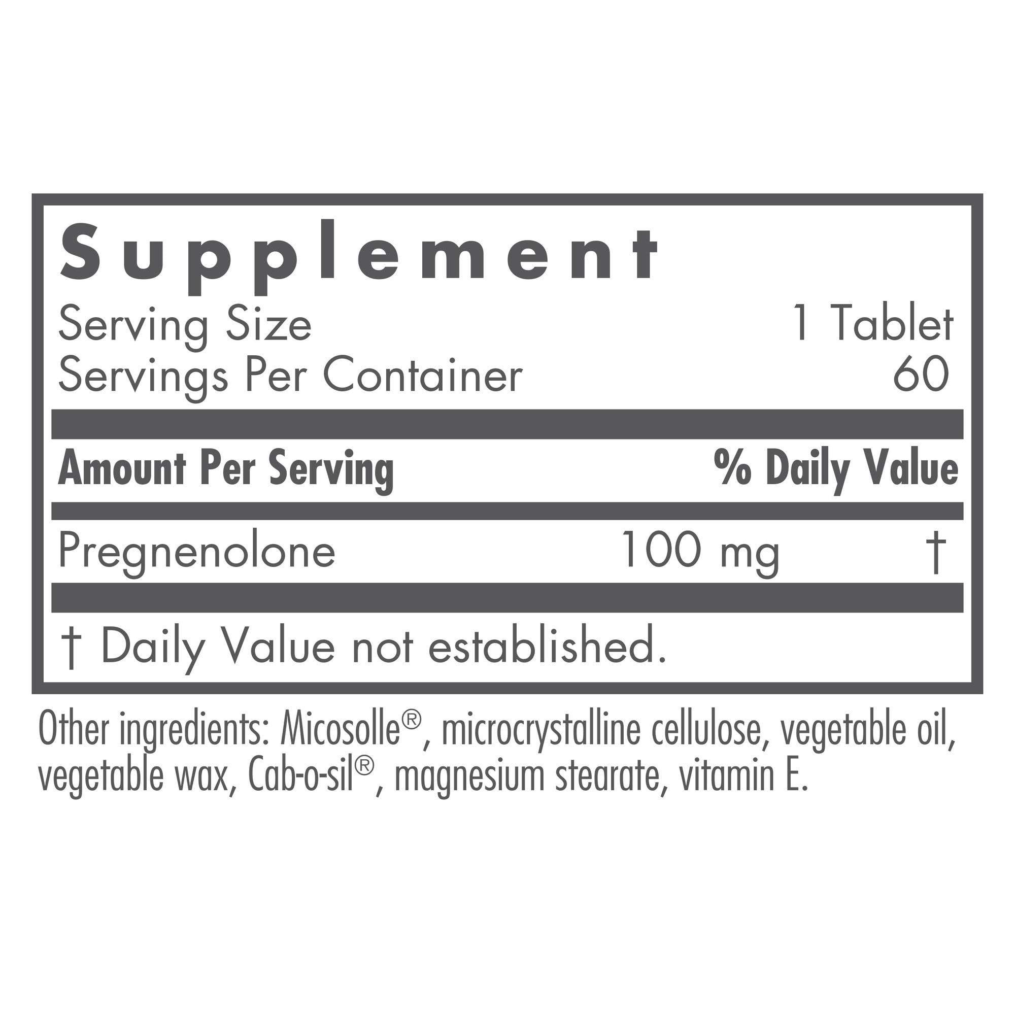 Nutricology Pregnenolone tablets close-up showing micronized 100 mg dose.