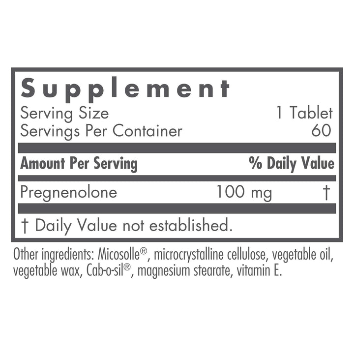 Nutricology Pregnenolone tablets close-up showing micronized 100 mg dose.