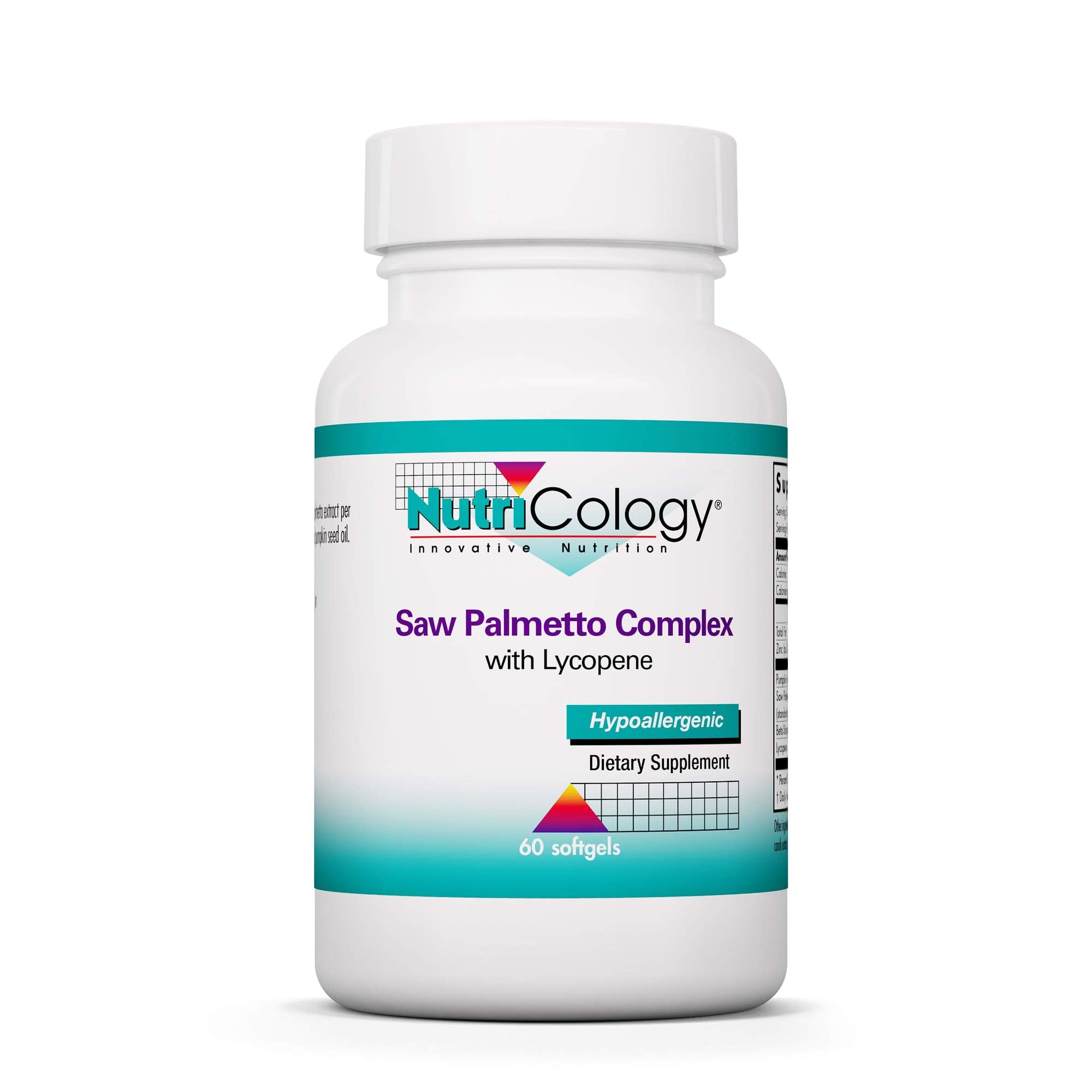 Nutricology Saw Palmetto Complex softgels bottle front suggests daily support possibilities.