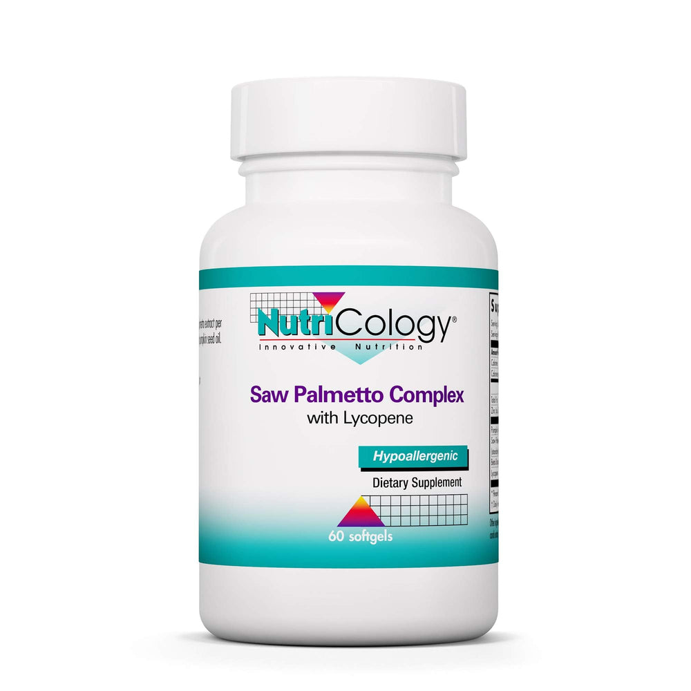 Nutricology Saw Palmetto Complex softgels bottle front suggests daily support possibilities.