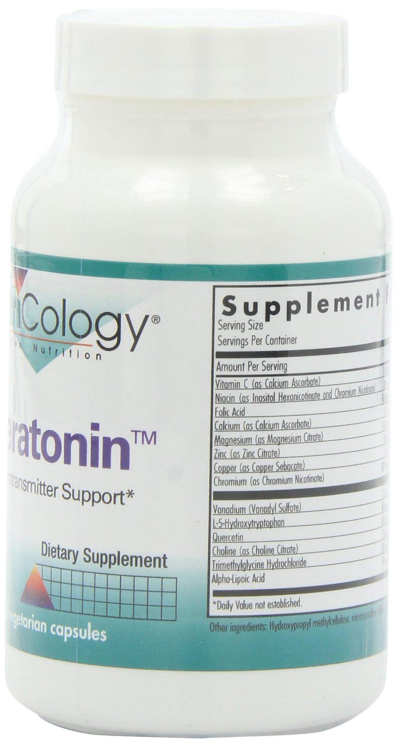 Nutricology Seratonin bottle label emphasizes quality ingredients and hypoallergenic heritage
