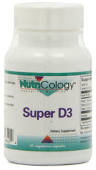 Nutricology Super D3 bottle front shows packaging highlighting bone and immune support.