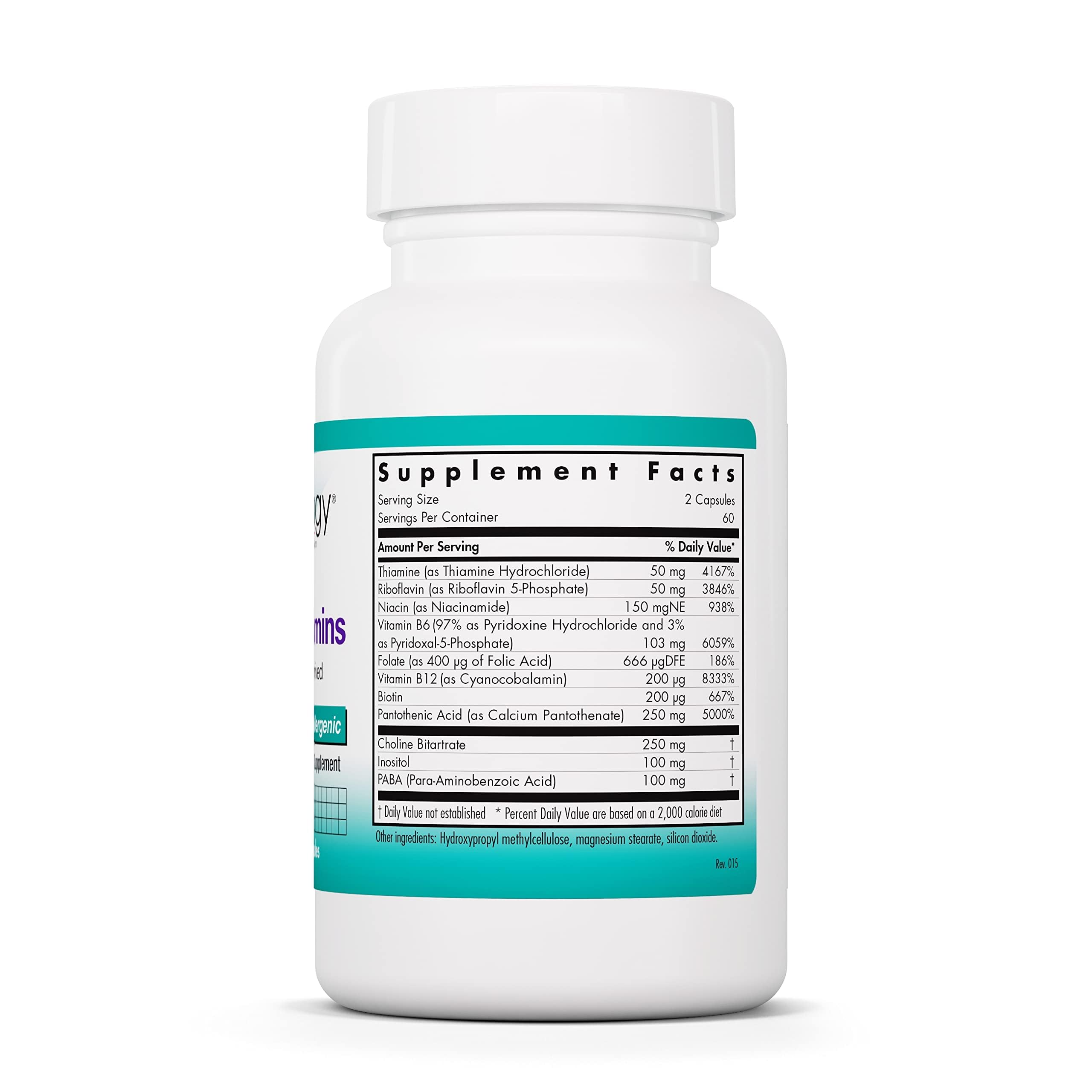 Nutricology Super Vitamin B Complex bottle label close-up showing comprehensive vitamins.