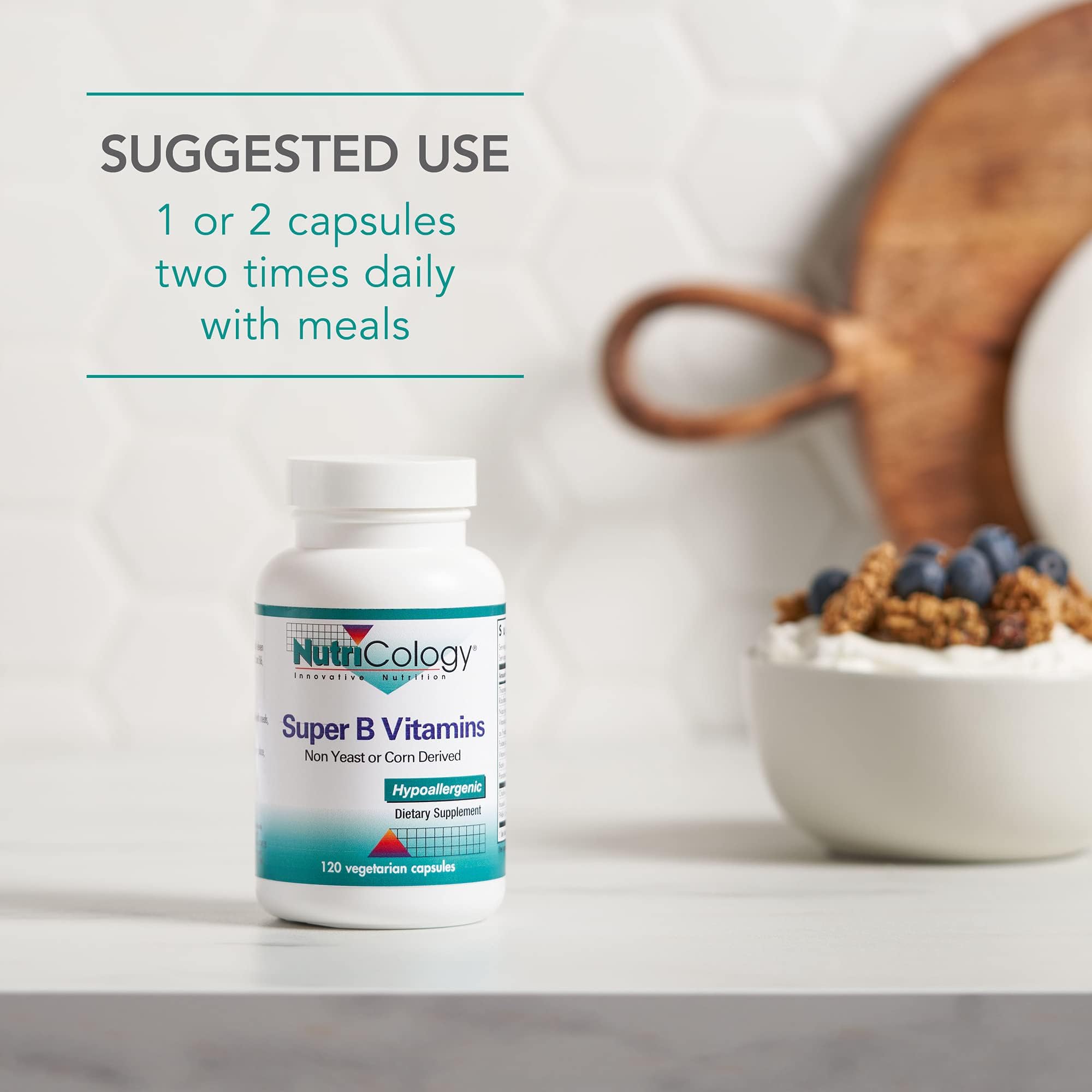 Nutricology Super Vitamin B Complex capsules shown as vegetarian capsules.