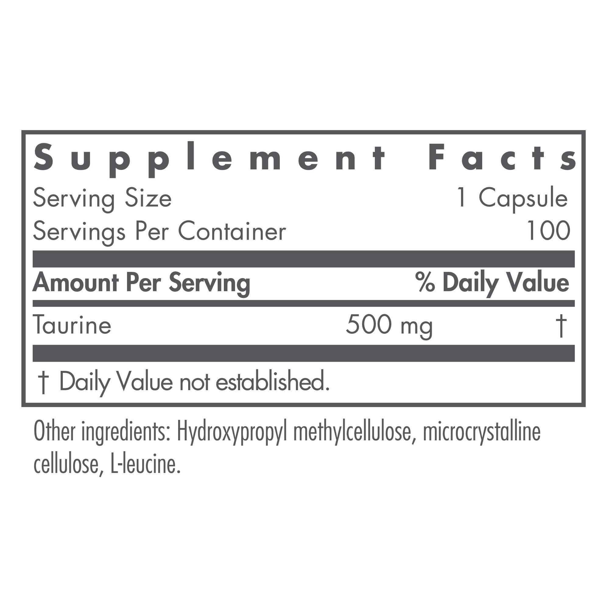 Nutricology Taurine capsules top view, vegetarian formula for daily energy.