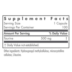 Nutricology Taurine capsules top view, vegetarian formula for daily energy.