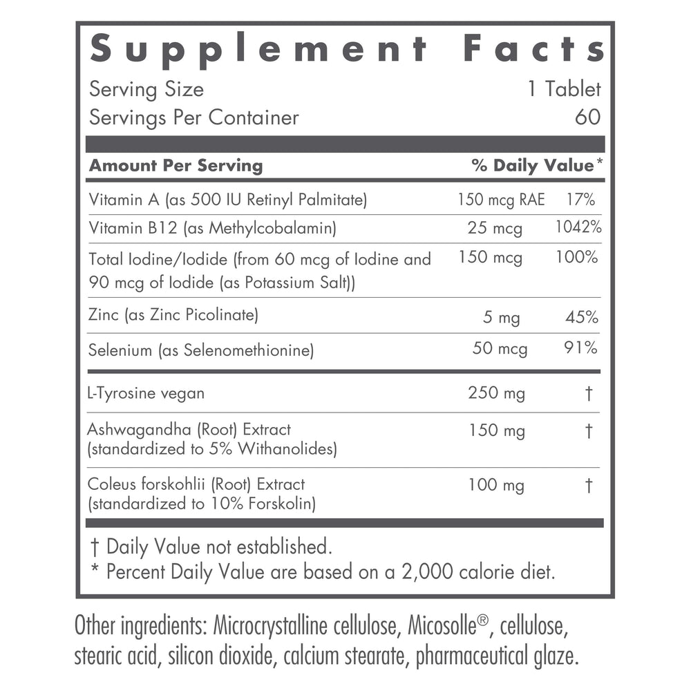 Nutricology Thyroid Nutrition bottle label highlights ingredients for thyroid balance.