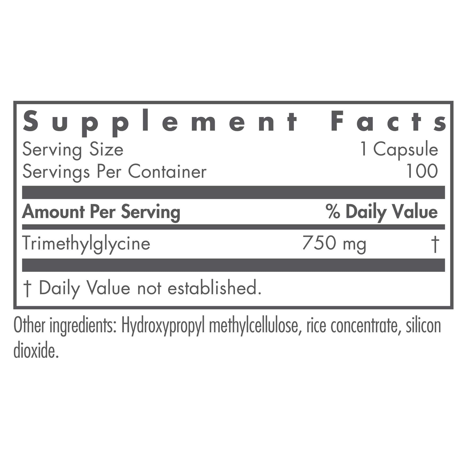Nutricology TMG bottle label emphasizes vegetarian capsules.