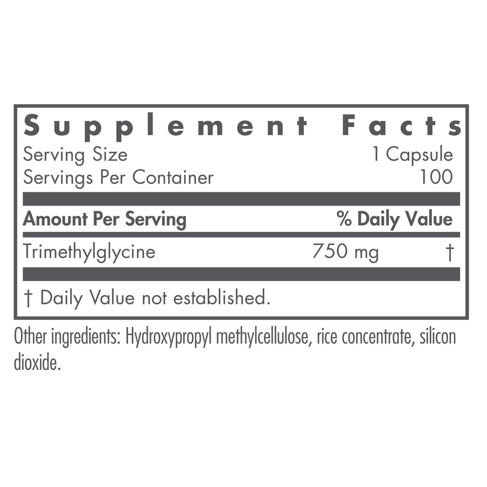 Nutricology TMG bottle label emphasizes vegetarian capsules.