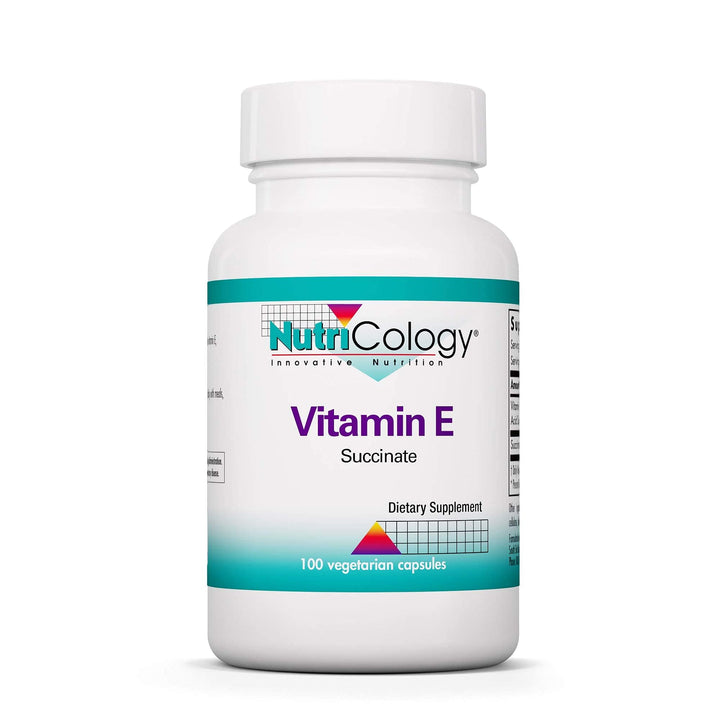 Nutricology Vitamin E Succinate bottle shows 400 IU potency for daily nutrition.