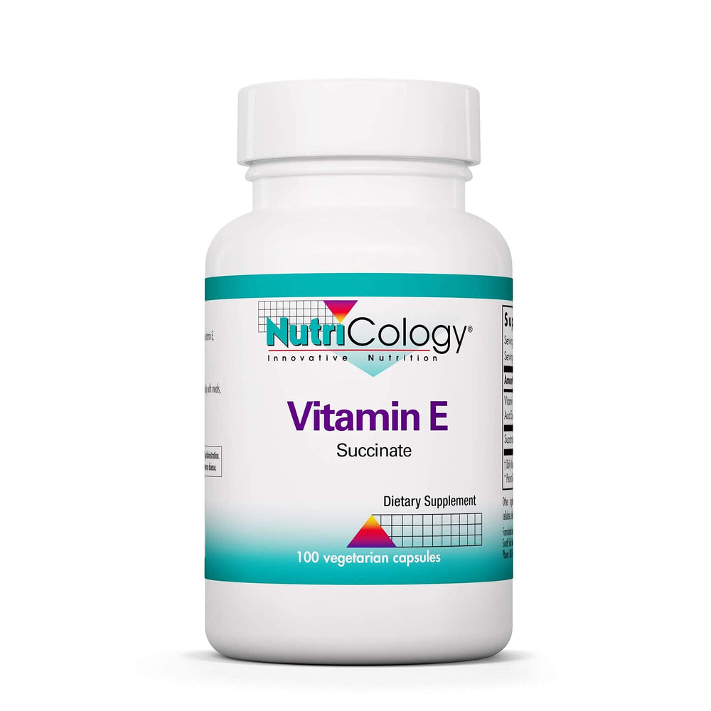 Nutricology Vitamin E Succinate bottle shows 400 IU potency for daily nutrition.