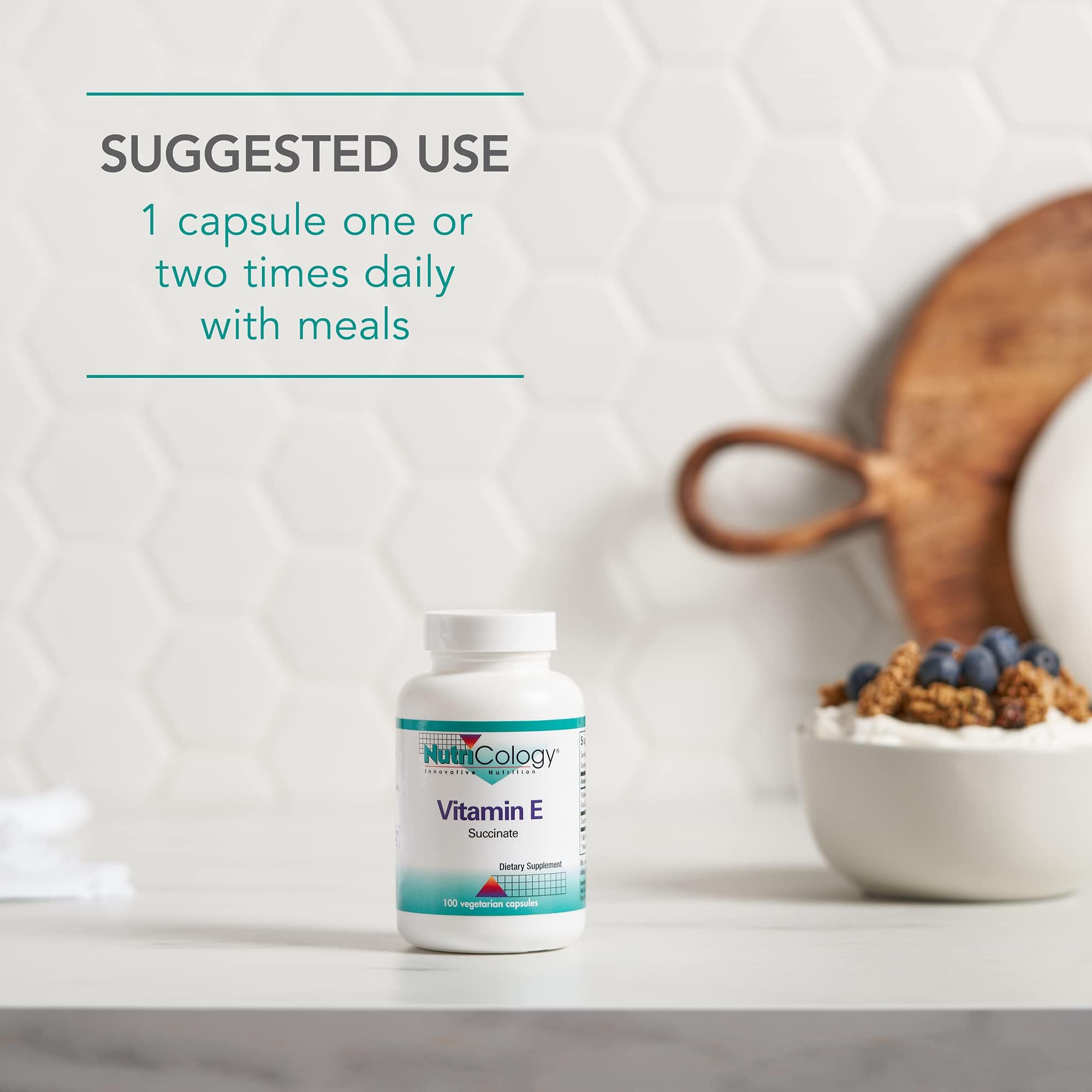 Nutricology Vitamin E Succinate dry-powder form suggests stable, long-lasting potency.
