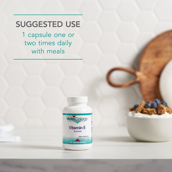 Nutricology Vitamin E Succinate dry-powder form suggests stable, long-lasting potency.