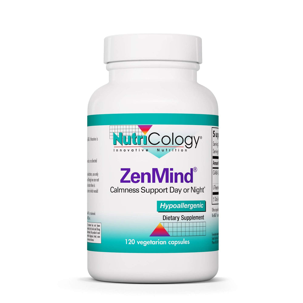 Nutricology ZenMind bottle on a shelf signaling day and night calm support