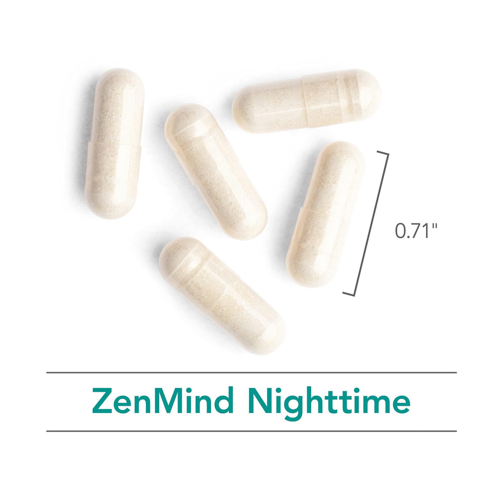 Nutricology ZenMind capsules closeup notes 275 mg GABA and 100 mg L-Theanine per capsule.