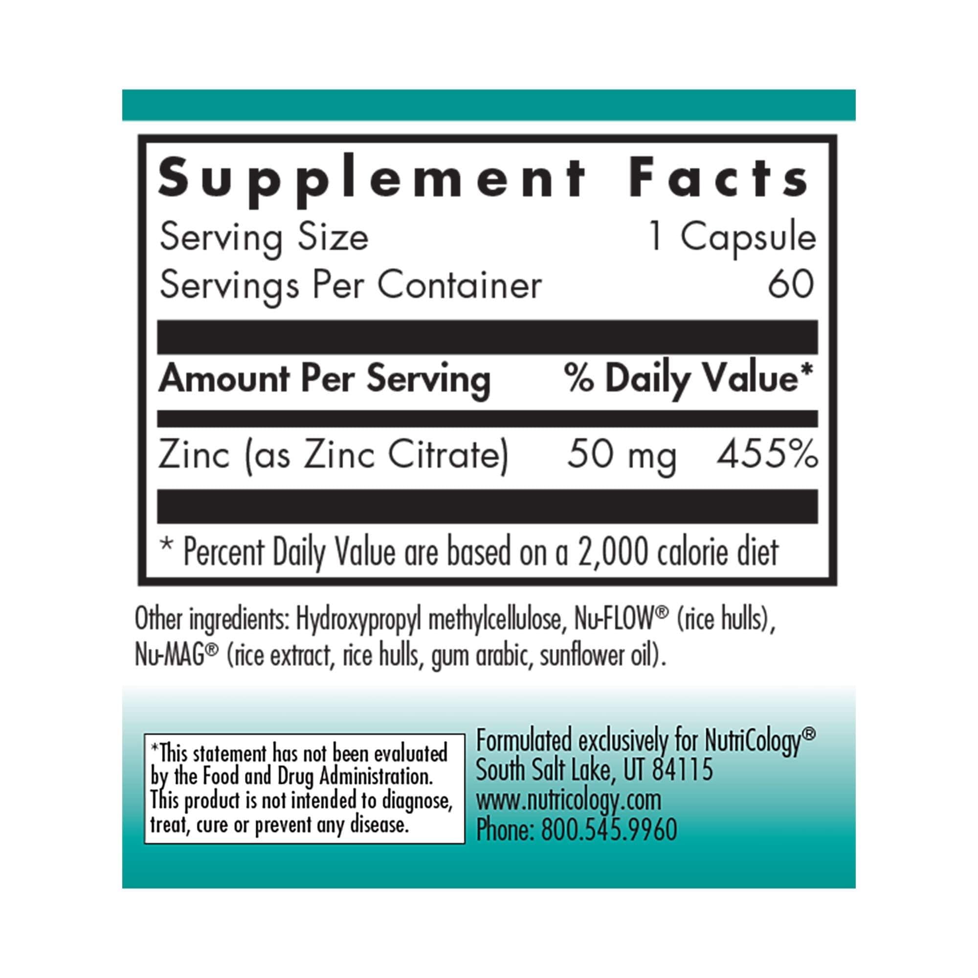 Nutricology Zinc Citrate capsules close-up for easy daily wellness.