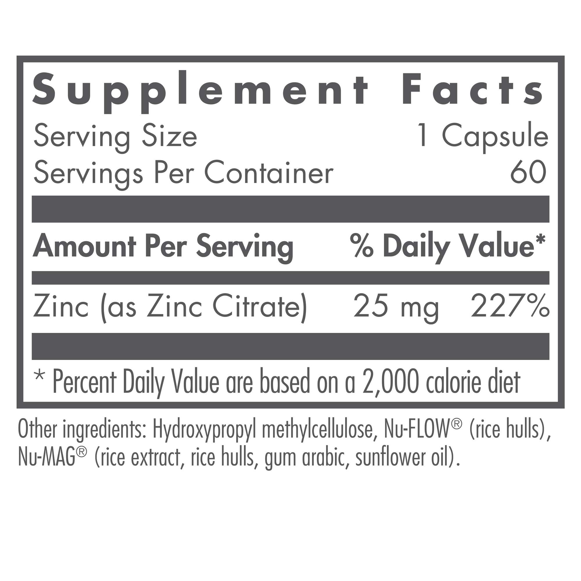 Nutricology Zinc Citrate label closeup highlighting zinc content and purity