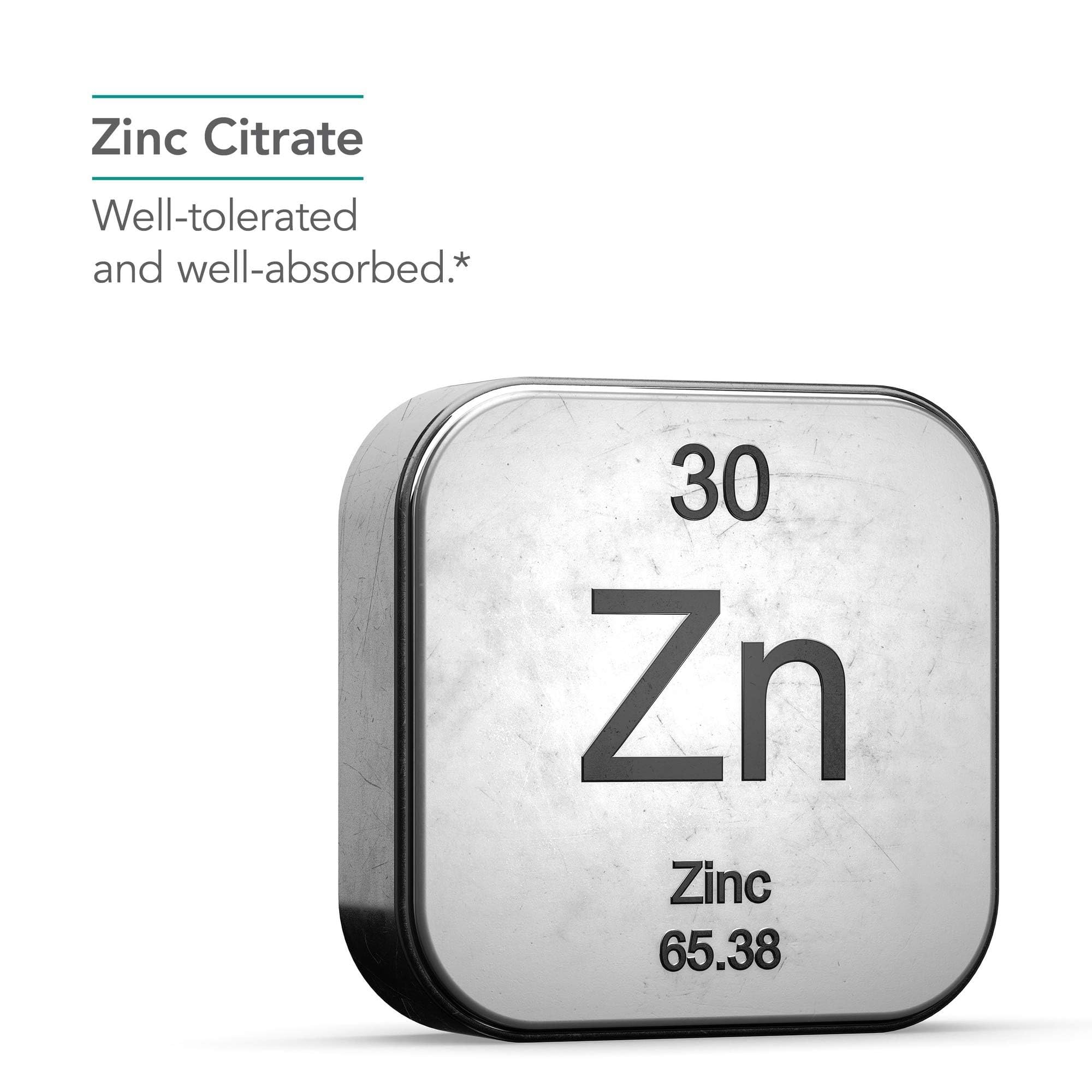 Nutricology Zinc Citrate label view highlighting product purity and absorption.
