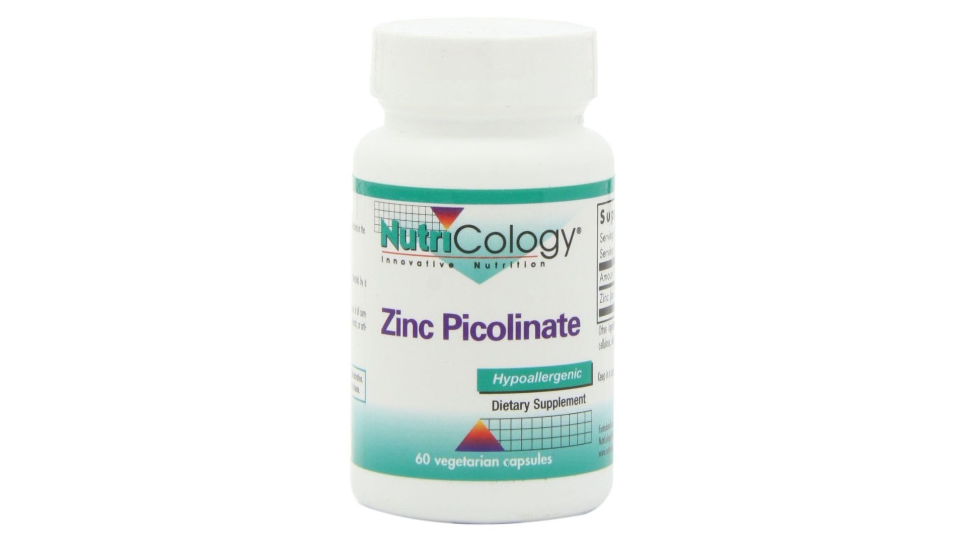 Nutricology Zinc Picolinate bottle front with easy-to-swallow vegetarian capsules for daily immune support