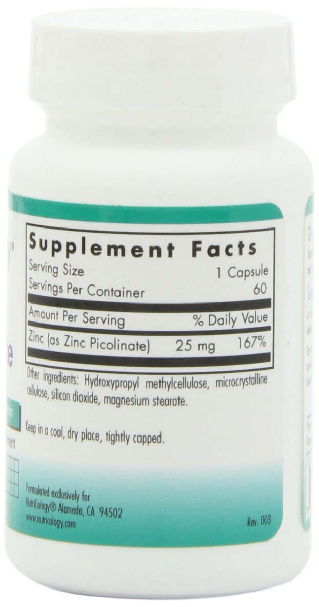 Nutricology Zinc Picolinate pill dosage visual indicating 25 mg per capsule