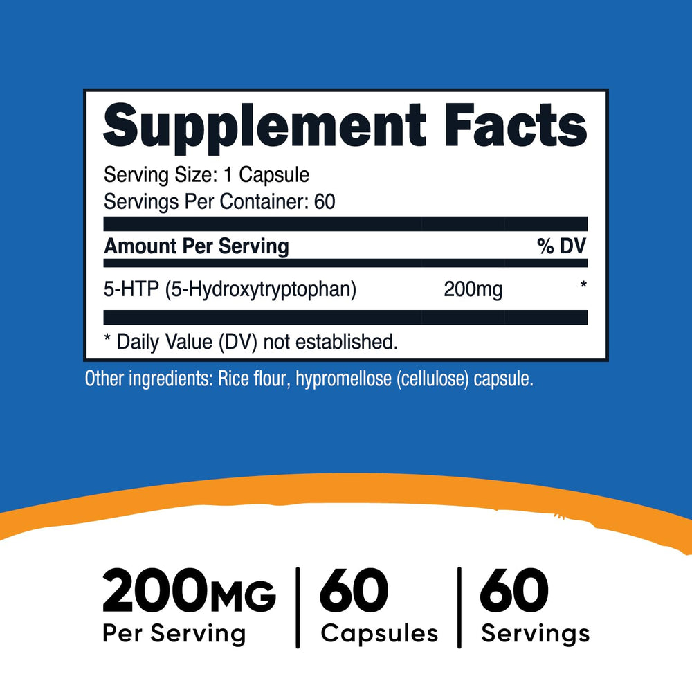 Nutricost 5-HTP 200mg capsules closeup showing capsule size and quality