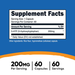 Nutricost 5-HTP 200mg capsules closeup showing capsule size and quality