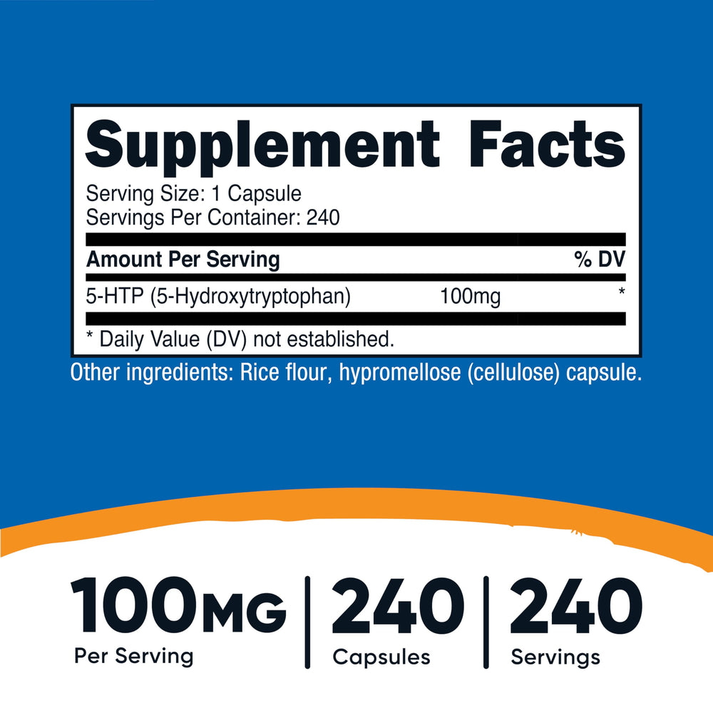 Nutricost 5-HTP capsules close-up showing vegetarian capsules.