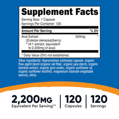 Nutricost Acai Extract envase de 120 cápsulas, opción sin gluten y sin transgénicos.