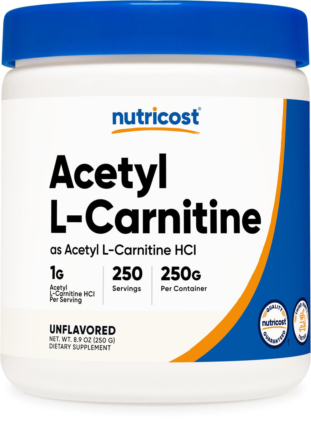 Nutricost Acetyl L-Carnitine powder container with 1g serving, easy to measure.