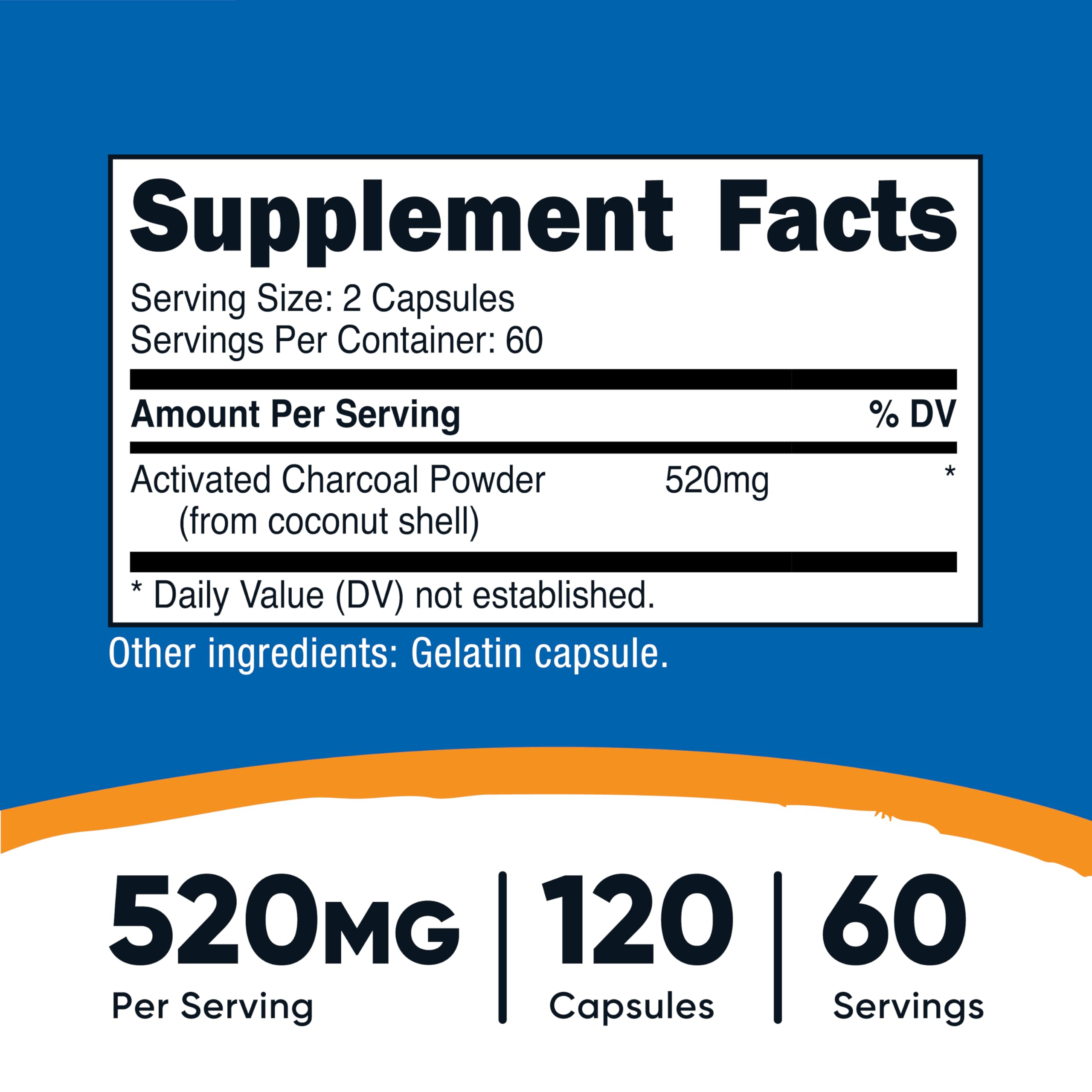 Closeup of Nutricost Activated Charcoal capsules highlighting convenient daily capsules.