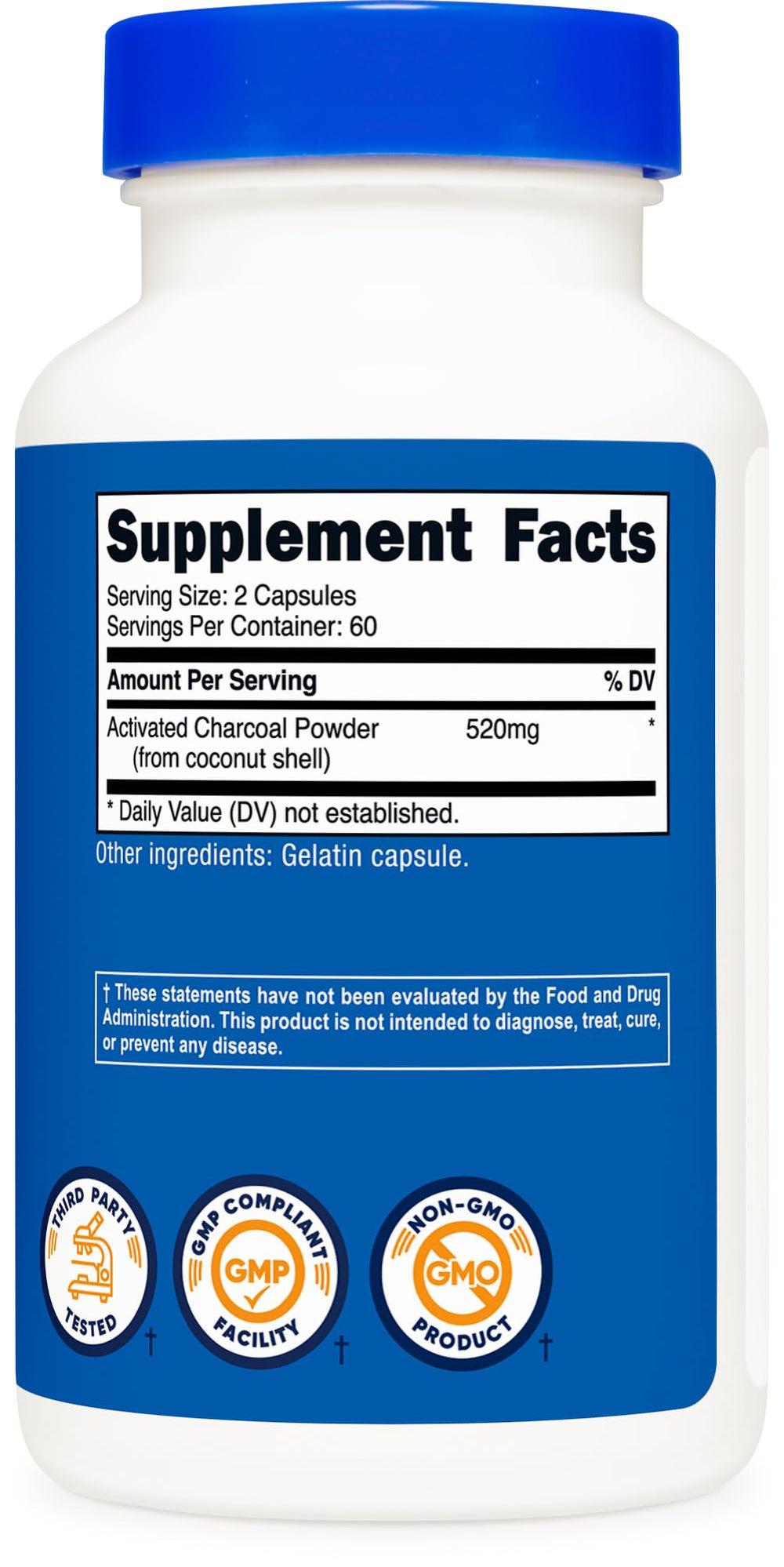 Nutricost Activated Charcoal packaging indicates GMP-certified, FDA-registered production.