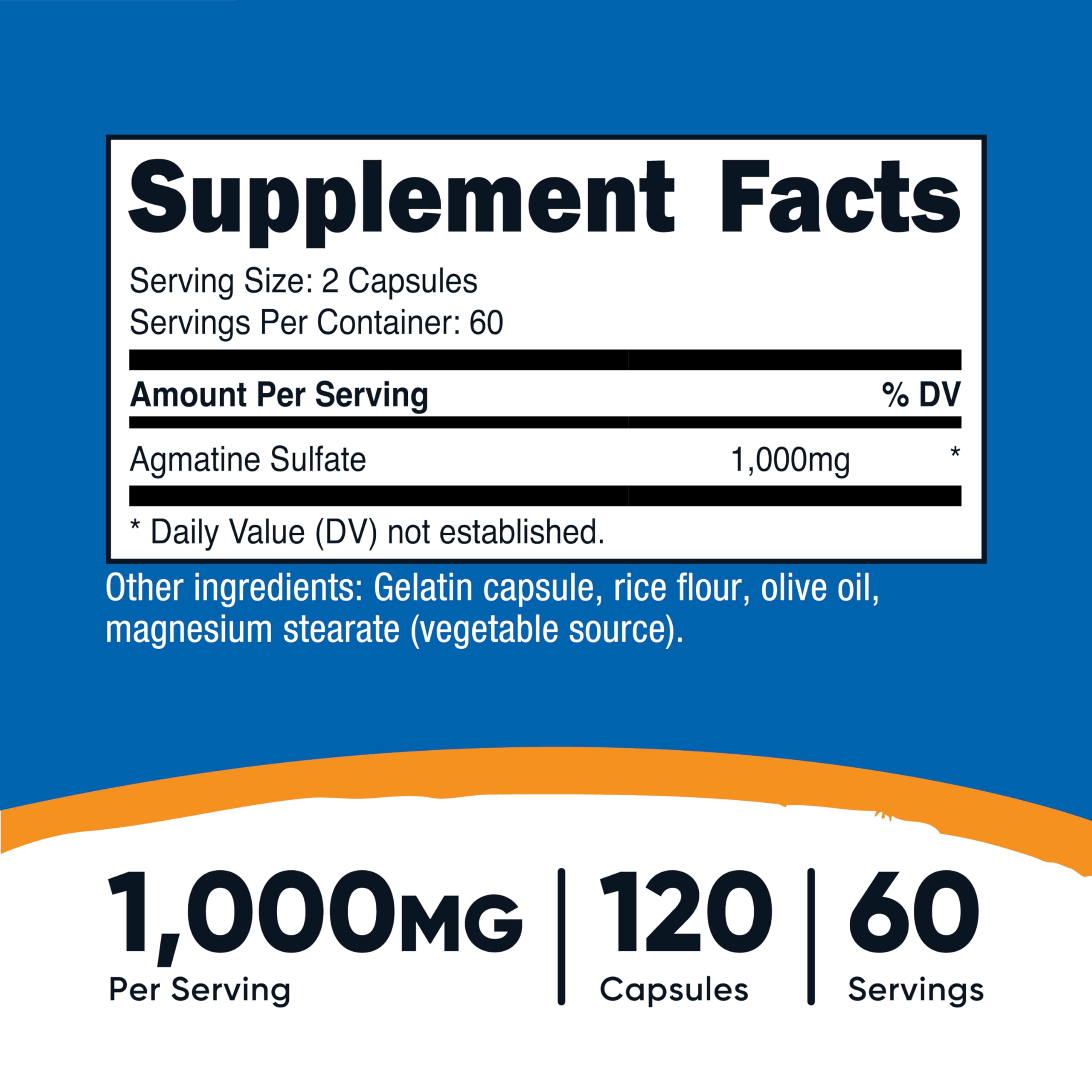 Nutricost Agmatine Sulfate capsules close-up highlighting 60 servings per bottle.