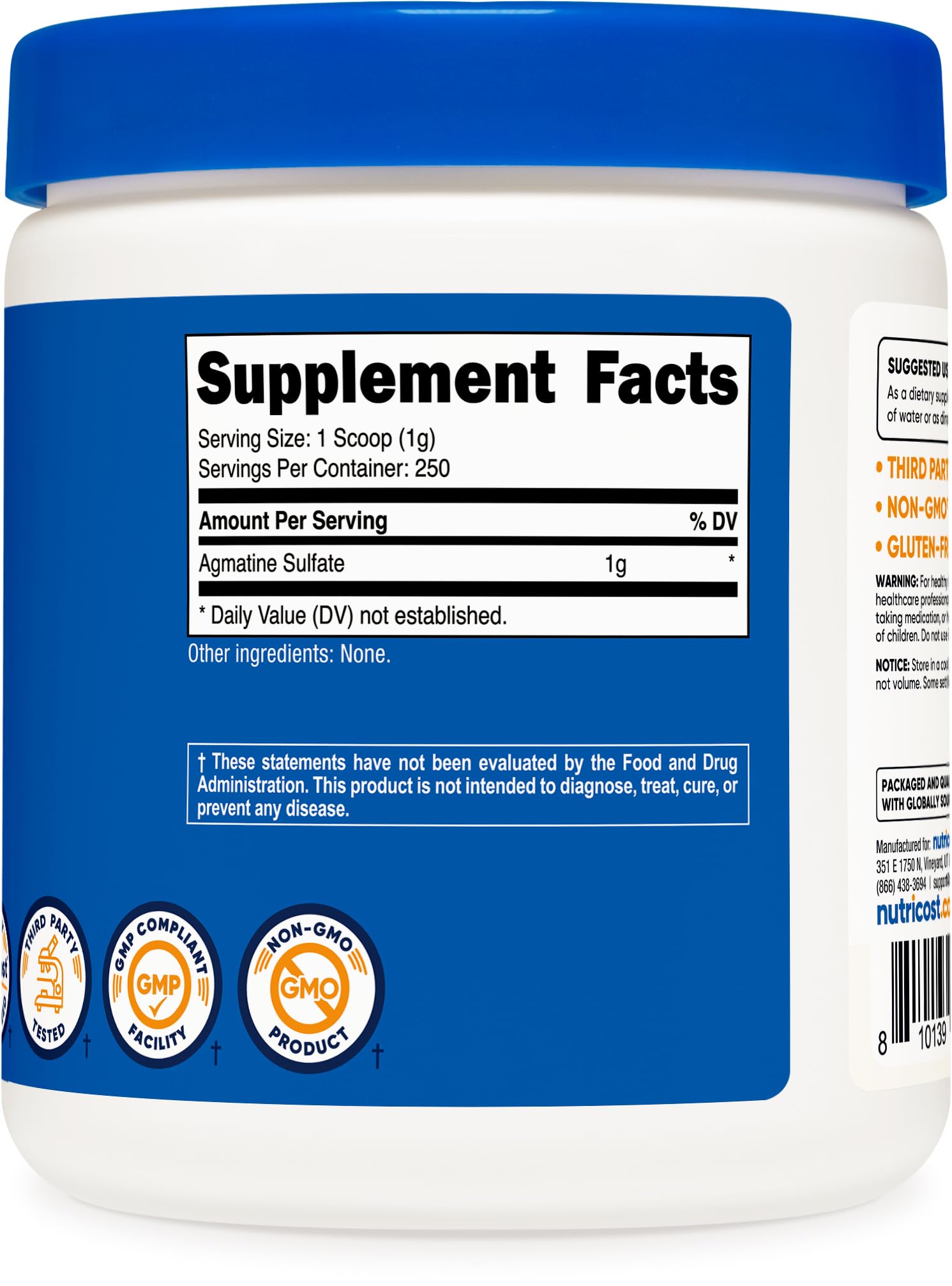 Nutricost Agmatine Sulfate powder bottle label emphasizes purity and testing