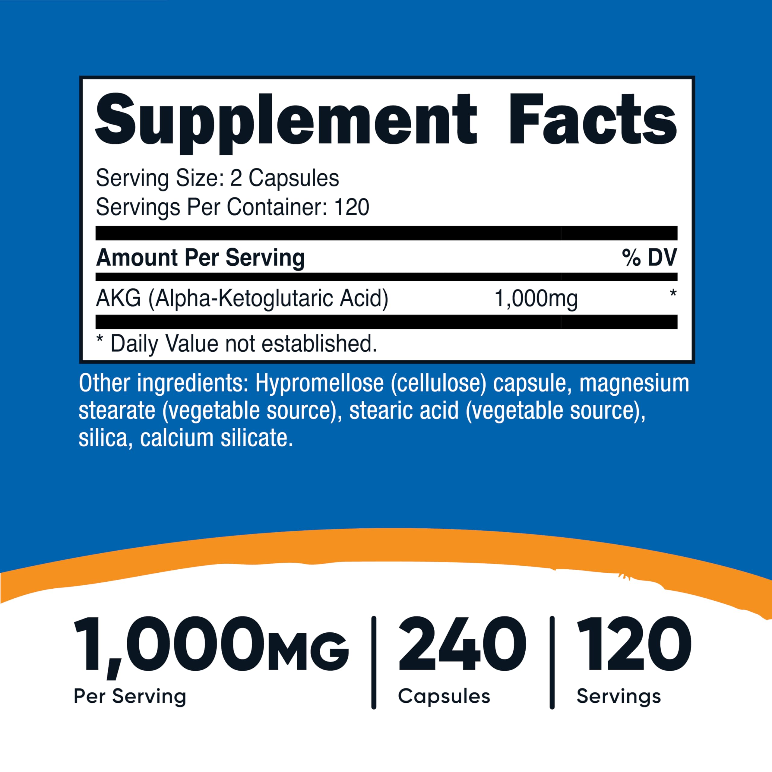 Nutricost AKG bottle front showing 240 capsules for 120 servings