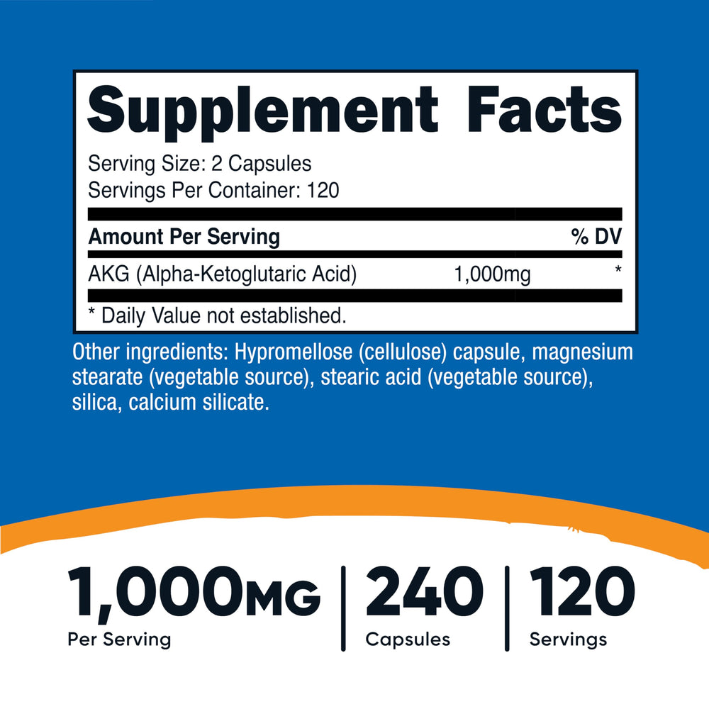 Nutricost AKG bottle front showing 240 capsules for 120 servings