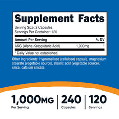 Nutricost AKG bottle front showing 240 capsules for 120 servings