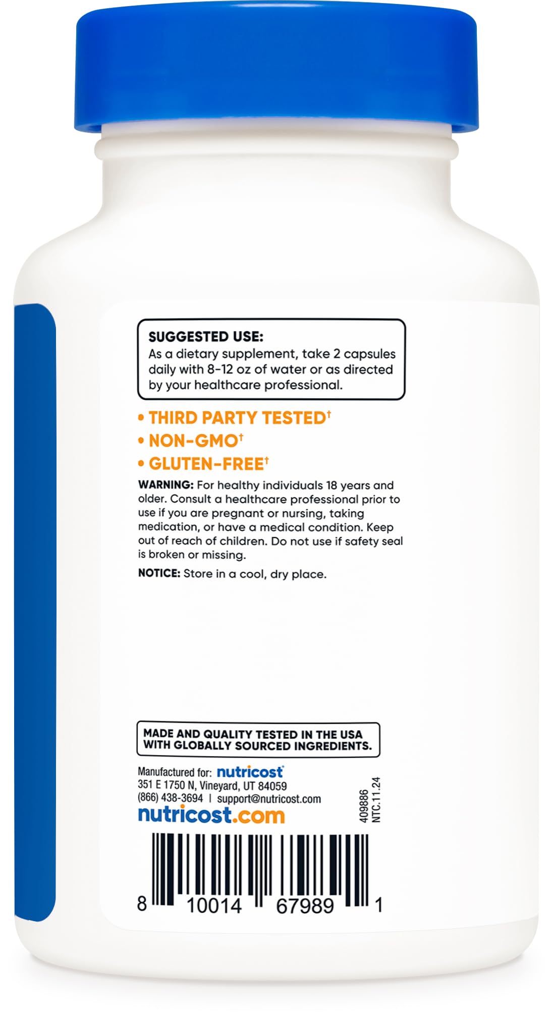 Nutricost AKG label lists ingredients and quality assurances