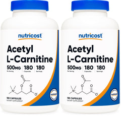 Nutricost Acetyl L-Carnitine 500mg bottle shows easy-to-swallow capsules for daily use.