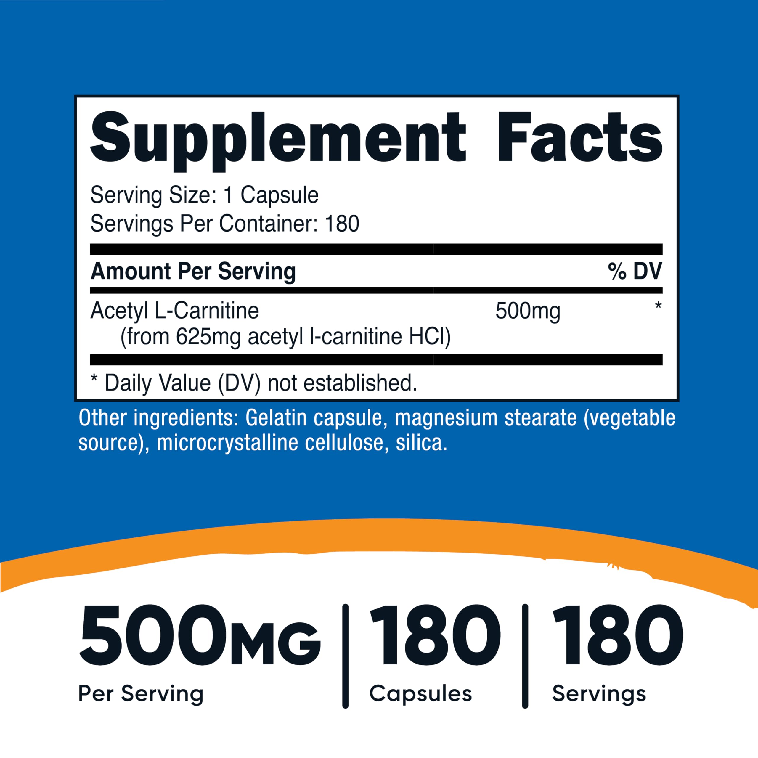 Nutricost Acetyl L-Carnitine bottle with 180 capsules for consistent daily use.