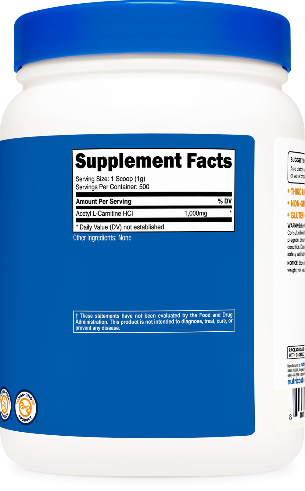 Nutricost ALCAR container close-up highlighting gluten free and non GMO.