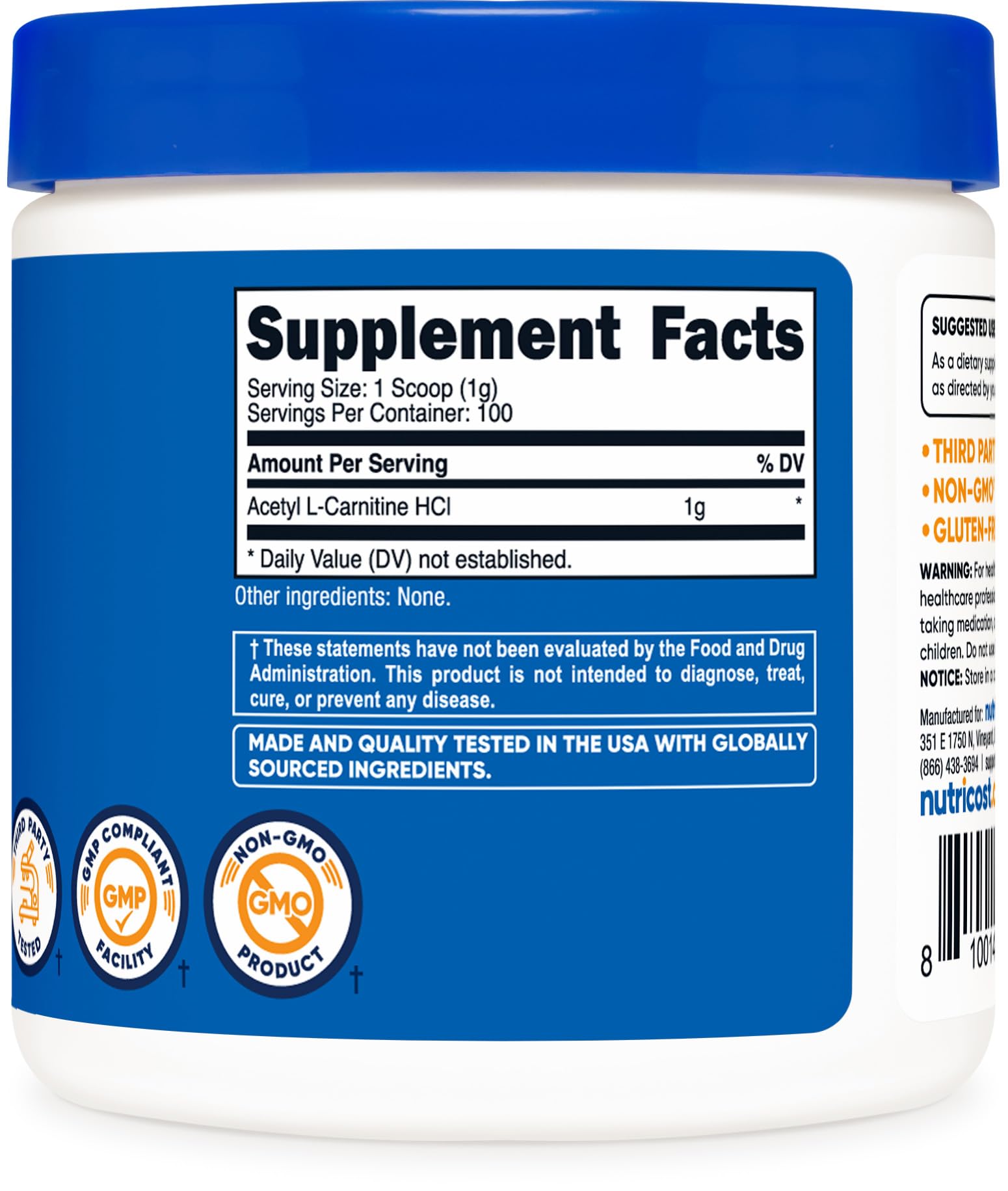 Packaging highlights GMP-compliant, FDA-registered manufacturing standards.