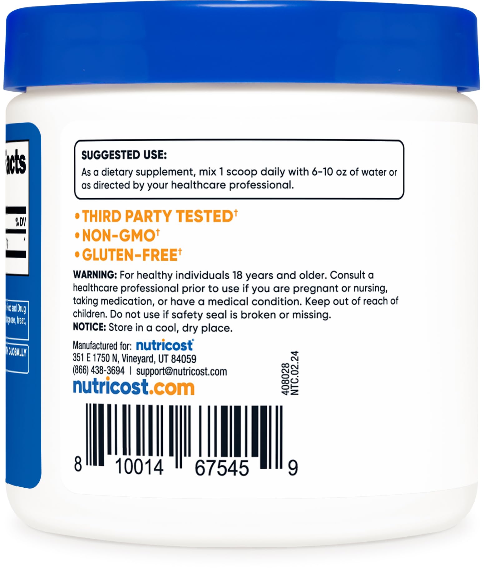 Non-GMO and gluten-free Nutricost label indicating purity and quality.