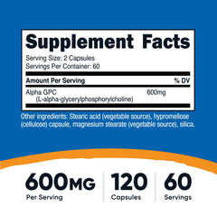Nutricost Alpha GPC 600mg capsules pouring: convenient two capsule serving option
