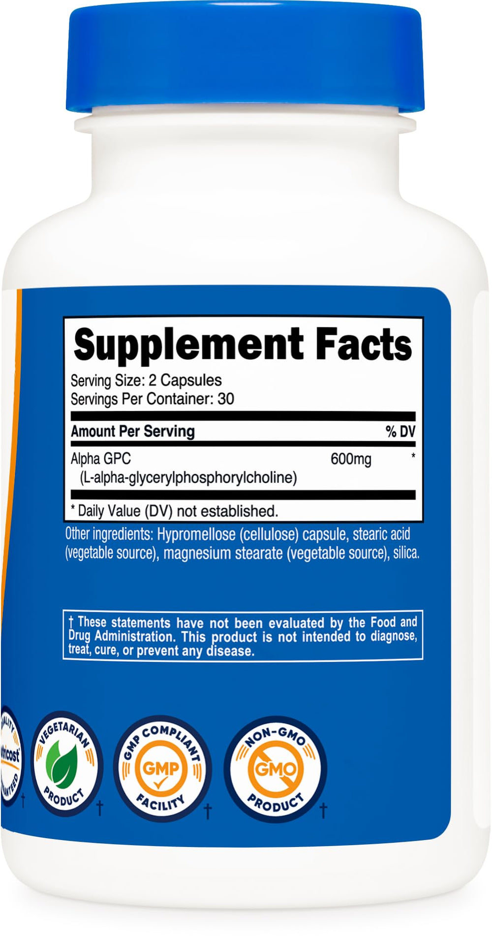 Nutricost Alpha GPC 600mg packaging highlighting non-GMO and gluten-free