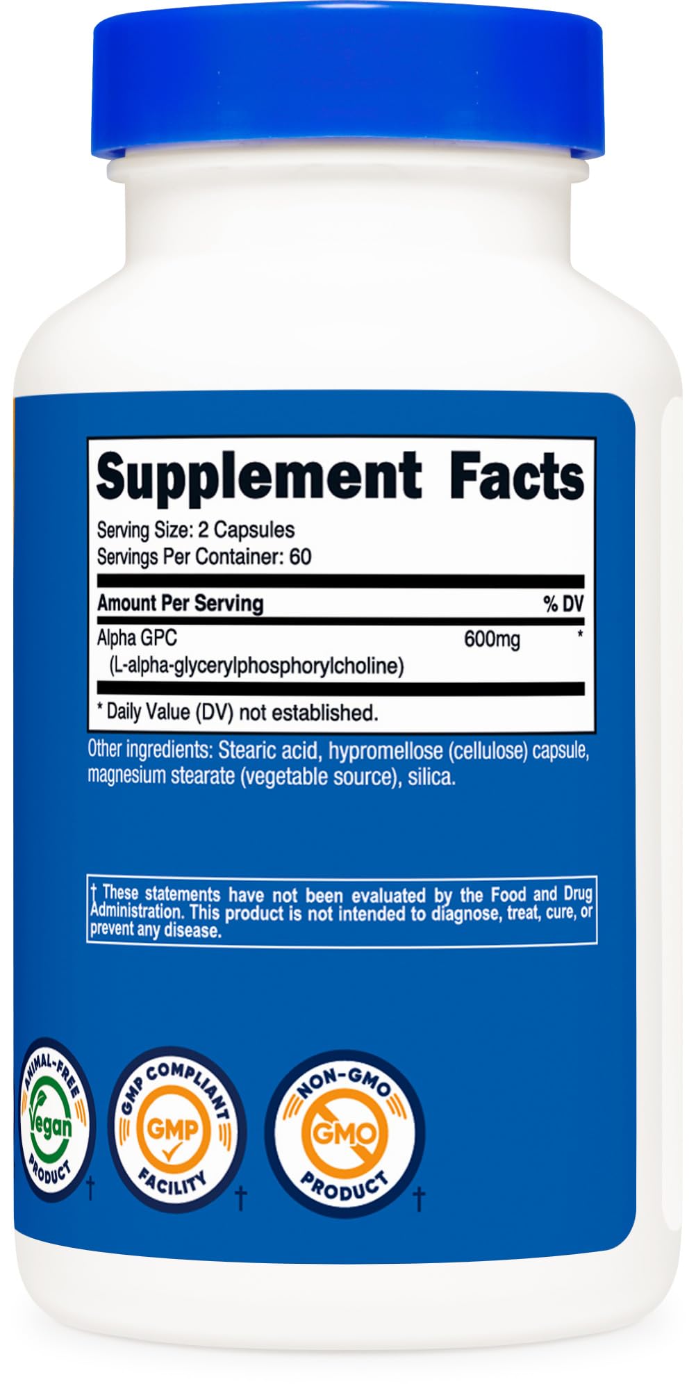 Nutricost Alpha GPC bottle side view with facility certifications noted.